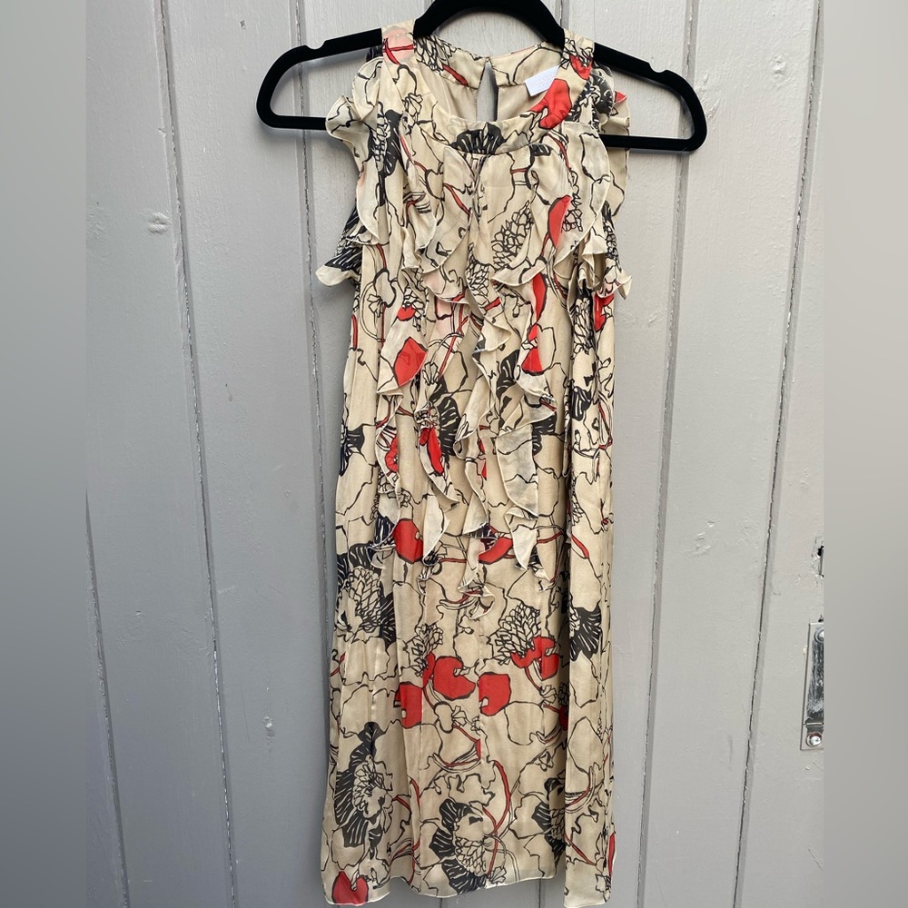 Valentino Floral Chiffon Poppy Print and Ruffle Detail Dress size SMALL